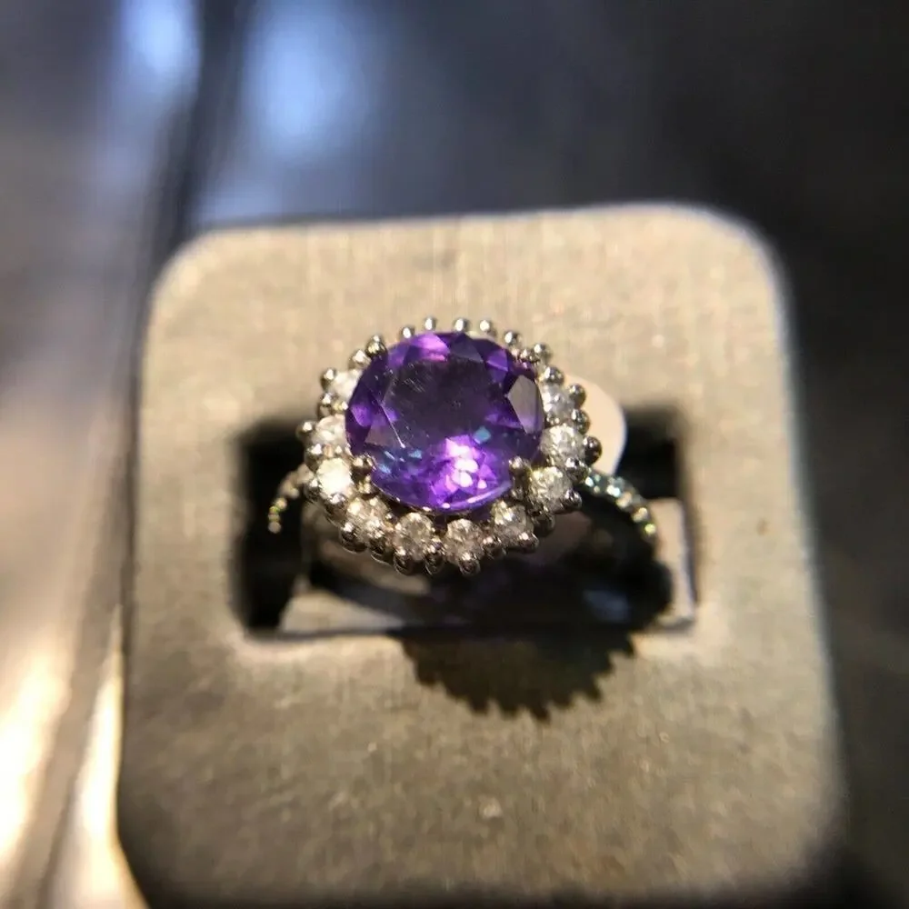 Cocktail Ring 925 Sz8 Round Amethyst Circle Diamonds (All Stones Simulated)